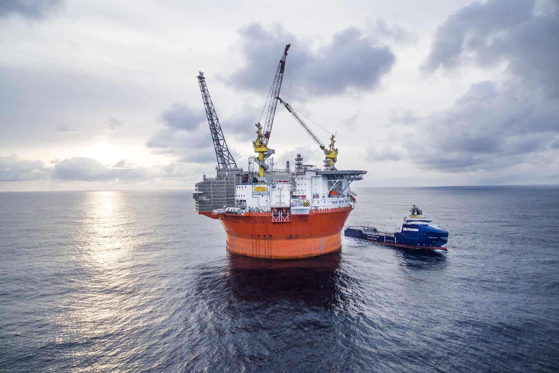 Goliat FPSO and the supply vessel Stril Barents at the field. February 2016.